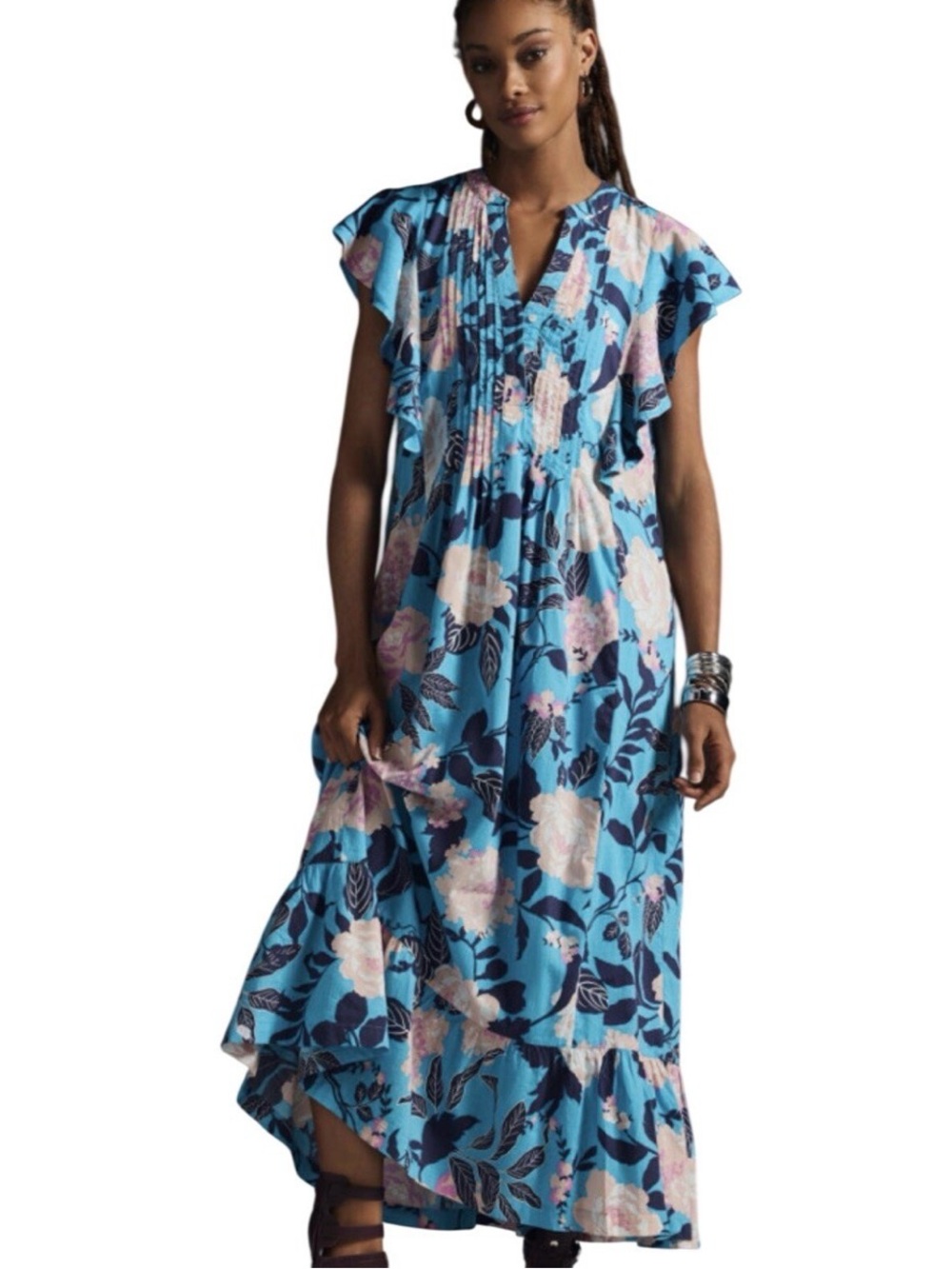 Mauve by Anthropologie Flutter Sleeve Blue Floral Midi Dress